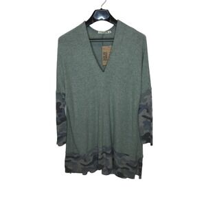 Chance Or Fate Womens Tunic Top Sz L Green Camo Print V Neck Drop Shoulder NEW